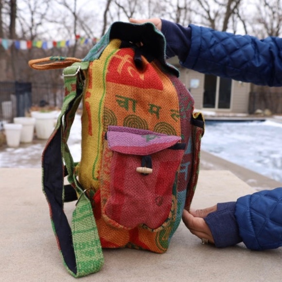 Eco Friendly Recycled Jute Rice Bag Bohemian Backpack Multi-Functional Storage - Picture 8 of 8